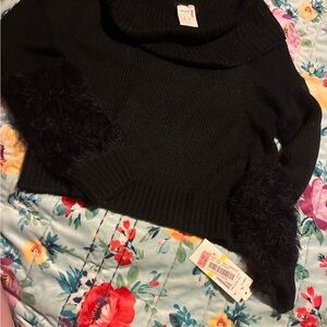 Takara Black Cowl Neck Sweater with Fuzzy Sleeves